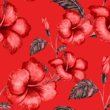 Tekstil tasarımı için suluboya tropikal yaprakları ve çiçekleri olan modern, soyut, dikişsiz desen. Geçmişe dönük parlak yaz geçmişi. Orman yaprakları çizimi. Mayo botanik tasarımı. Antika egzotik baskı.