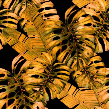 Tekstil tasarımı için suluboya tropikal yaprakları ve çiçekleri olan modern, soyut, dikişsiz desen. Geçmişe dönük parlak yaz geçmişi. Orman yaprakları çizimi. Mayo botanik tasarımı. Antika egzotik baskı.
