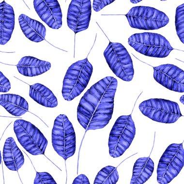 Tekstil tasarımı için suluboya tropikal yaprakları ve çiçekleri olan modern, soyut, dikişsiz desen. Geçmişe dönük parlak yaz geçmişi. Orman yaprakları çizimi. Mayo botanik tasarımı. Antika egzotik baskı.