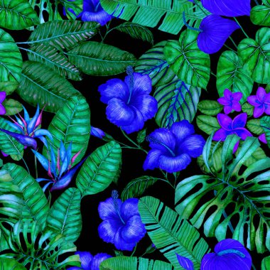 Tekstil tasarımı için suluboya tropikal yaprakları ve çiçekleri olan modern, soyut, dikişsiz desen. Geçmişe dönük parlak yaz geçmişi. Orman yaprakları çizimi. Mayo botanik tasarımı. Antika egzotik baskı.