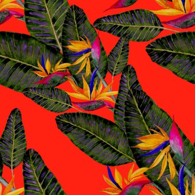 Tekstil tasarımı için suluboya tropikal yaprakları ve çiçekleri olan modern, soyut, dikişsiz desen. Geçmişe dönük parlak yaz geçmişi. Orman yaprakları çizimi. Mayo botanik tasarımı. Antika egzotik baskı.