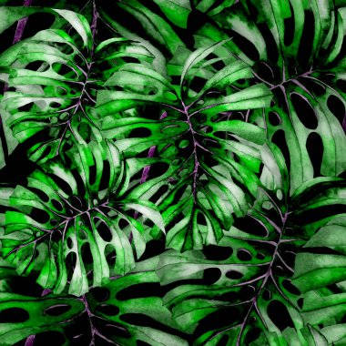 Tekstil tasarımı için suluboya tropikal yaprakları ve çiçekleri olan modern, soyut, dikişsiz desen. Geçmişe dönük parlak yaz geçmişi. Orman yaprakları çizimi. Mayo botanik tasarımı. Antika egzotik baskı.