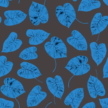Tekstil tasarımı için suluboya tropikal yaprakları ve çiçekleri olan modern, soyut, dikişsiz desen. Geçmişe dönük parlak yaz geçmişi. Orman yaprakları çizimi. Mayo botanik tasarımı. Antika egzotik baskı.