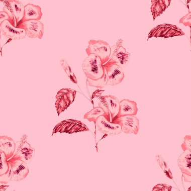 Tekstil tasarımı için suluboya tropikal yaprakları ve çiçekleri olan modern, soyut, dikişsiz desen. Geçmişe dönük parlak yaz geçmişi. Orman yaprakları çizimi. Mayo botanik tasarımı. Antika egzotik baskı.