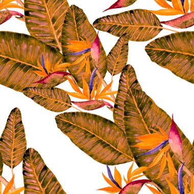 Tekstil tasarımı için suluboya tropikal yaprakları ve çiçekleri olan modern, soyut, dikişsiz desen. Geçmişe dönük parlak yaz geçmişi. Orman yaprakları çizimi. Mayo botanik tasarımı. Antika egzotik baskı.