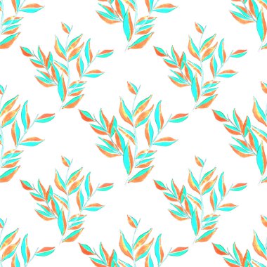 Tekstil tasarımı için suluboya tropikal yaprakları ve çiçekleri olan modern, soyut, dikişsiz desen. Geçmişe dönük parlak yaz geçmişi. Orman yaprakları çizimi. Mayo botanik tasarımı. Antika egzotik baskı.