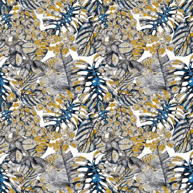 Tekstil tasarımı için suluboya tropikal yaprakları ve çiçekleri olan modern, soyut, dikişsiz desen. Geçmişe dönük parlak yaz geçmişi. Orman yaprakları çizimi. Mayo botanik tasarımı. Antika egzotik baskı.