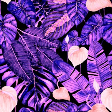 Tekstil tasarımı için suluboya tropikal yaprakları ve çiçekleri olan modern, soyut, dikişsiz desen. Geçmişe dönük parlak yaz geçmişi. Orman yaprakları çizimi. Mayo botanik tasarımı. Antika egzotik baskı.