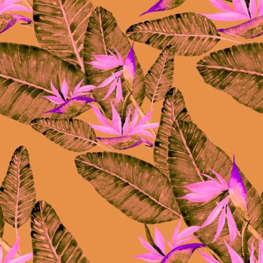 Tekstil tasarımı için suluboya tropikal yaprakları ve çiçekleri olan modern, soyut, dikişsiz desen. Geçmişe dönük parlak yaz geçmişi. Orman yaprakları çizimi. Mayo botanik tasarımı. Antika egzotik baskı.