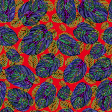 Tekstil tasarımı için suluboya tropikal yaprakları ve çiçekleri olan modern, soyut, dikişsiz desen. Geçmişe dönük parlak yaz geçmişi. Orman yaprakları çizimi. Mayo botanik tasarımı. Antika egzotik baskı.