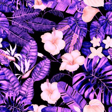 Tekstil tasarımı için suluboya tropikal yaprakları ve çiçekleri olan modern, soyut, dikişsiz desen. Geçmişe dönük parlak yaz geçmişi. Orman yaprakları çizimi. Mayo botanik tasarımı. Antika egzotik baskı.