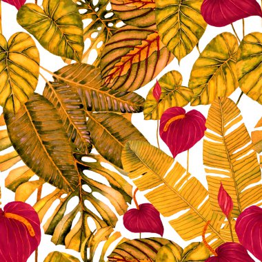 Tekstil tasarımı için suluboya tropikal yaprakları ve çiçekleri olan modern, soyut, dikişsiz desen. Geçmişe dönük parlak yaz geçmişi. Orman yaprakları çizimi. Mayo botanik tasarımı. Antika egzotik baskı.