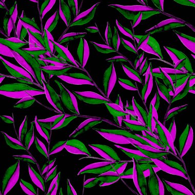 Tekstil tasarımı için suluboya tropikal yaprakları ve çiçekleri olan modern, soyut, dikişsiz desen. Geçmişe dönük parlak yaz geçmişi. Orman yaprakları çizimi. Mayo botanik tasarımı. Antika egzotik baskı.