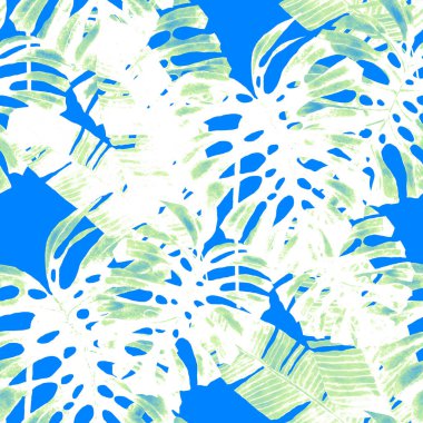 Tekstil tasarımı için suluboya tropikal yaprakları ve çiçekleri olan modern, soyut, dikişsiz desen. Geçmişe dönük parlak yaz geçmişi. Orman yaprakları çizimi. Mayo botanik tasarımı. Antika egzotik baskı.