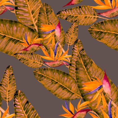Tekstil tasarımı için suluboya tropikal yaprakları ve çiçekleri olan modern, soyut, dikişsiz desen. Geçmişe dönük parlak yaz geçmişi. Orman yaprakları çizimi. Mayo botanik tasarımı. Antika egzotik baskı.