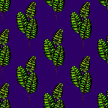 Tekstil tasarımı için suluboya tropikal yaprakları ve çiçekleri olan modern, soyut, dikişsiz desen. Geçmişe dönük parlak yaz geçmişi. Orman yaprakları çizimi. Mayo botanik tasarımı. Antika egzotik baskı.