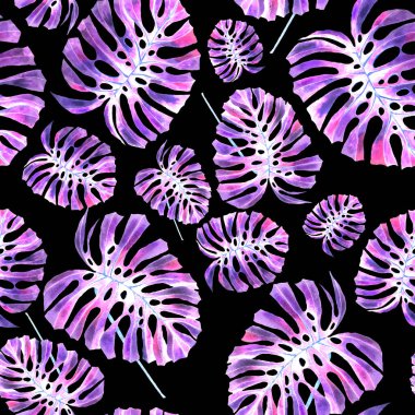 Tekstil tasarımı için suluboya tropikal yaprakları ve çiçekleri olan modern, soyut, dikişsiz desen. Geçmişe dönük parlak yaz geçmişi. Orman yaprakları çizimi. Mayo botanik tasarımı. Antika egzotik baskı.