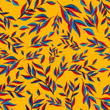 Tekstil tasarımı için suluboya tropikal yaprakları ve çiçekleri olan modern, soyut, dikişsiz desen. Geçmişe dönük parlak yaz geçmişi. Orman yaprakları çizimi. Mayo botanik tasarımı. Antika egzotik baskı.