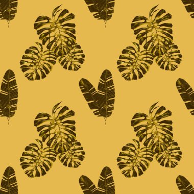 Tekstil tasarımı için suluboya tropikal yaprakları ve çiçekleri olan modern, soyut, dikişsiz desen. Geçmişe dönük parlak yaz geçmişi. Orman yaprakları çizimi. Mayo botanik tasarımı. Antika egzotik baskı.