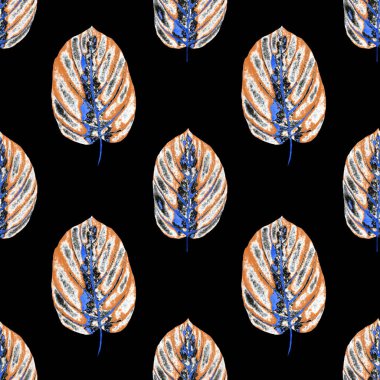 Tekstil tasarımı için suluboya tropikal yaprakları ve çiçekleri olan modern, soyut, dikişsiz desen. Geçmişe dönük parlak yaz geçmişi. Orman yaprakları çizimi. Mayo botanik tasarımı. Antika egzotik baskı.