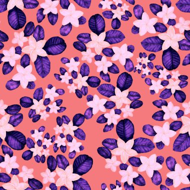 Tekstil tasarımı için suluboya tropikal yaprakları ve çiçekleri olan modern, soyut, dikişsiz desen. Geçmişe dönük parlak yaz geçmişi. Orman yaprakları çizimi. Mayo botanik tasarımı. Antika egzotik baskı.