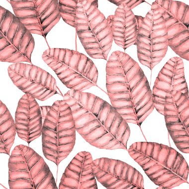 Tekstil tasarımı için suluboya tropikal yaprakları ve çiçekleri olan modern, soyut, dikişsiz desen. Geçmişe dönük parlak yaz geçmişi. Orman yaprakları çizimi. Mayo botanik tasarımı. Antika egzotik baskı.