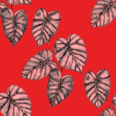 Tekstil tasarımı için suluboya tropikal yaprakları ve çiçekleri olan modern, soyut, dikişsiz desen. Geçmişe dönük parlak yaz geçmişi. Orman yaprakları çizimi. Mayo botanik tasarımı. Antika egzotik baskı.