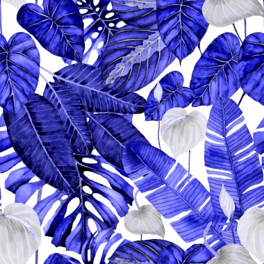 Tekstil tasarımı için suluboya tropikal yaprakları ve çiçekleri olan modern, soyut, dikişsiz desen. Geçmişe dönük parlak yaz geçmişi. Orman yaprakları çizimi. Mayo botanik tasarımı. Antika egzotik baskı.