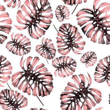 Tekstil tasarımı için suluboya tropikal yaprakları ve çiçekleri olan modern, soyut, dikişsiz desen. Geçmişe dönük parlak yaz geçmişi. Orman yaprakları çizimi. Mayo botanik tasarımı. Antika egzotik baskı.