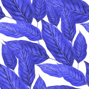 Tekstil tasarımı için suluboya tropikal yaprakları ve çiçekleri olan modern, soyut, dikişsiz desen. Geçmişe dönük parlak yaz geçmişi. Orman yaprakları çizimi. Mayo botanik tasarımı. Antika egzotik baskı.