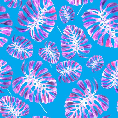 Tekstil tasarımı için suluboya tropikal yaprakları ve çiçekleri olan modern, soyut, dikişsiz desen. Geçmişe dönük parlak yaz geçmişi. Orman yaprakları çizimi. Mayo botanik tasarımı. Antika egzotik baskı.