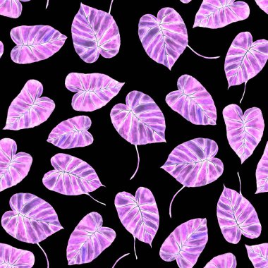 Tekstil tasarımı için suluboya tropikal yaprakları ve çiçekleri olan modern, soyut, dikişsiz desen. Geçmişe dönük parlak yaz geçmişi. Orman yaprakları çizimi. Mayo botanik tasarımı. Antika egzotik baskı.