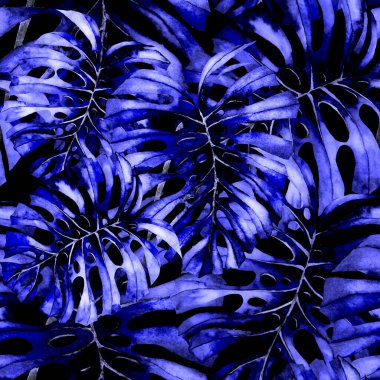 Tekstil tasarımı için suluboya tropikal yaprakları ve çiçekleri olan modern, soyut, dikişsiz desen. Geçmişe dönük parlak yaz geçmişi. Orman yaprakları çizimi. Mayo botanik tasarımı. Antika egzotik baskı.