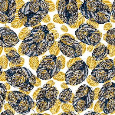 Tekstil tasarımı için suluboya tropikal yaprakları ve çiçekleri olan modern, soyut, dikişsiz desen. Geçmişe dönük parlak yaz geçmişi. Orman yaprakları çizimi. Mayo botanik tasarımı. Antika egzotik baskı.