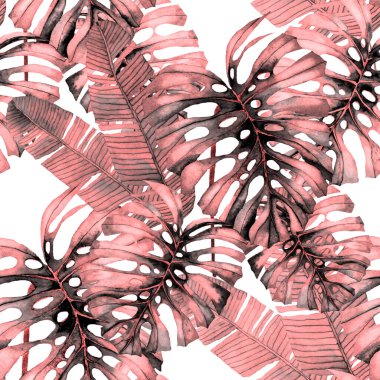 Tekstil tasarımı için suluboya tropikal yaprakları ve çiçekleri olan modern, soyut, dikişsiz desen. Geçmişe dönük parlak yaz geçmişi. Orman yaprakları çizimi. Mayo botanik tasarımı. Antika egzotik baskı.