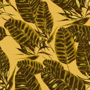 Tekstil tasarımı için suluboya tropikal yaprakları ve çiçekleri olan modern, soyut, dikişsiz desen. Geçmişe dönük parlak yaz geçmişi. Orman yaprakları çizimi. Mayo botanik tasarımı. Antika egzotik baskı.