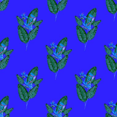 Tekstil tasarımı için suluboya tropikal yaprakları ve çiçekleri olan modern, soyut, dikişsiz desen. Geçmişe dönük parlak yaz geçmişi. Orman yaprakları çizimi. Mayo botanik tasarımı. Antika egzotik baskı.