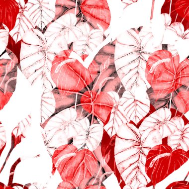 Tekstil tasarımı için suluboya tropikal yaprakları ve çiçekleri olan modern, soyut, dikişsiz desen. Geçmişe dönük parlak yaz geçmişi. Orman yaprakları çizimi. Mayo botanik tasarımı. Antika egzotik baskı.