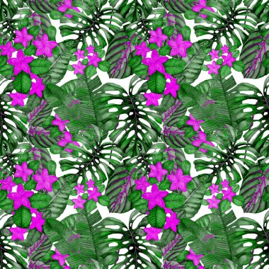 Tekstil tasarımı için suluboya tropikal yaprakları ve çiçekleri olan modern, soyut, dikişsiz desen. Geçmişe dönük parlak yaz geçmişi. Orman yaprakları çizimi. Mayo botanik tasarımı. Antika egzotik baskı.