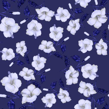 Tekstil tasarımı için suluboya tropikal yaprakları ve çiçekleri olan modern, soyut, dikişsiz desen. Geçmişe dönük parlak yaz geçmişi. Orman yaprakları çizimi. Mayo botanik tasarımı. Antika egzotik baskı.