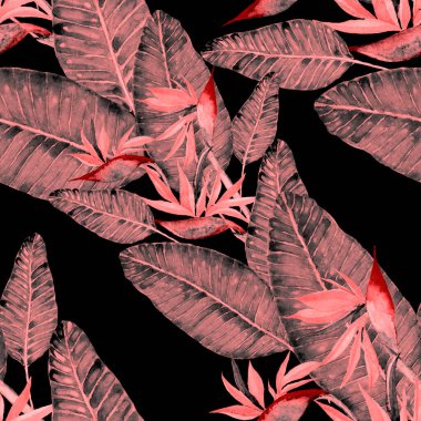 Tekstil tasarımı için suluboya tropikal yaprakları ve çiçekleri olan modern, soyut, dikişsiz desen. Geçmişe dönük parlak yaz geçmişi. Orman yaprakları çizimi. Mayo botanik tasarımı. Antika egzotik baskı.