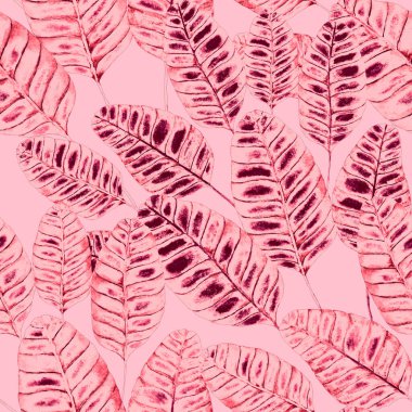 Tekstil tasarımı için suluboya tropikal yaprakları ve çiçekleri olan modern, soyut, dikişsiz desen. Geçmişe dönük parlak yaz geçmişi. Orman yaprakları çizimi. Mayo botanik tasarımı. Antika egzotik baskı.