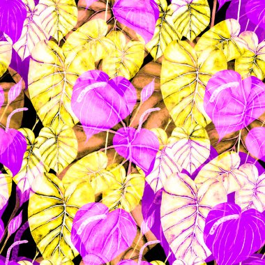 Tekstil tasarımı için suluboya tropikal yaprakları ve çiçekleri olan modern, soyut, dikişsiz desen. Geçmişe dönük parlak yaz geçmişi. Orman yaprakları çizimi. Mayo botanik tasarımı. Antika egzotik baskı.