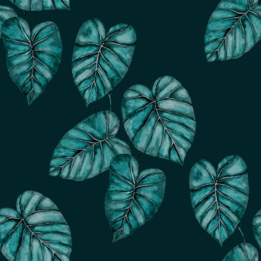 Tekstil tasarımı için suluboya tropikal yaprakları ve çiçekleri olan modern, soyut, dikişsiz desen. Geçmişe dönük parlak yaz geçmişi. Orman yaprakları çizimi. Mayo botanik tasarımı. Antika egzotik baskı.