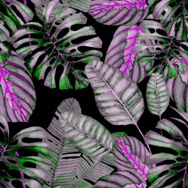 Tekstil tasarımı için suluboya tropikal yaprakları ve çiçekleri olan modern, soyut, dikişsiz desen. Geçmişe dönük parlak yaz geçmişi. Orman yaprakları çizimi. Mayo botanik tasarımı. Antika egzotik baskı.
