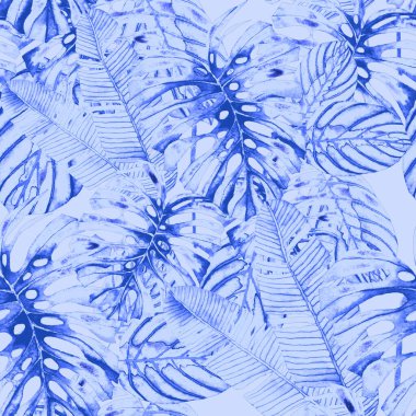 Tekstil tasarımı için suluboya tropikal yaprakları ve çiçekleri olan modern, soyut, dikişsiz desen. Geçmişe dönük parlak yaz geçmişi. Orman yaprakları çizimi. Mayo botanik tasarımı. Antika egzotik baskı.