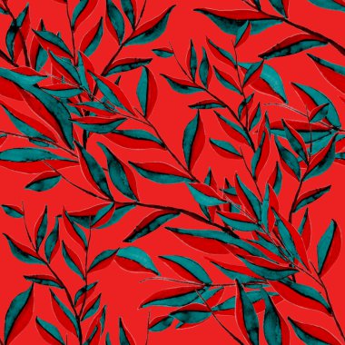 Tekstil tasarımı için suluboya tropikal yaprakları ve çiçekleri olan modern, soyut, dikişsiz desen. Geçmişe dönük parlak yaz geçmişi. Orman yaprakları çizimi. Mayo botanik tasarımı. Antika egzotik baskı.