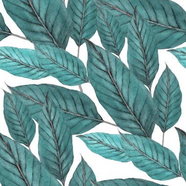 Tekstil tasarımı için suluboya tropikal yaprakları ve çiçekleri olan modern, soyut, dikişsiz desen. Geçmişe dönük parlak yaz geçmişi. Orman yaprakları çizimi. Mayo botanik tasarımı. Antika egzotik baskı.