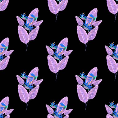 Tekstil tasarımı için suluboya tropikal yaprakları ve çiçekleri olan modern, soyut, dikişsiz desen. Geçmişe dönük parlak yaz geçmişi. Orman yaprakları çizimi. Mayo botanik tasarımı. Antika egzotik baskı.