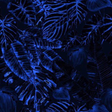 Tekstil tasarımı için suluboya tropikal yaprakları ve çiçekleri olan modern, soyut, dikişsiz desen. Geçmişe dönük parlak yaz geçmişi. Orman yaprakları çizimi. Mayo botanik tasarımı. Antika egzotik baskı.